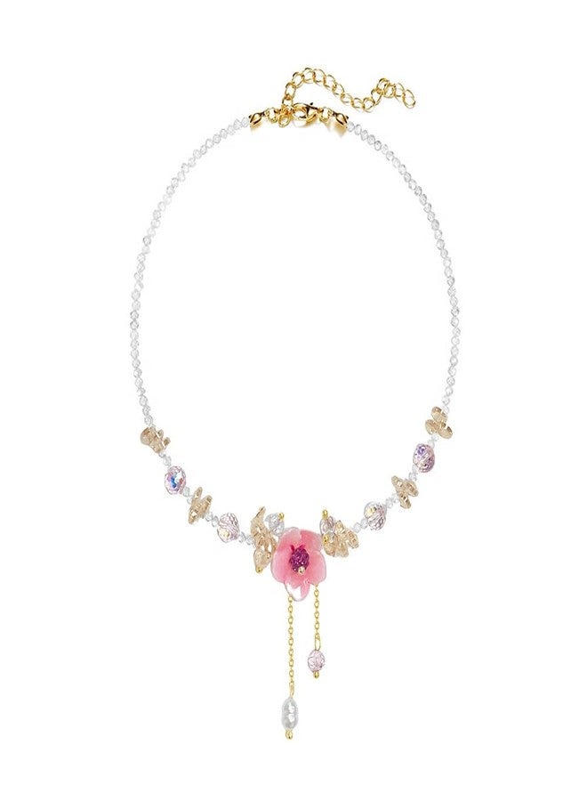 Cykdohy Cute Pink Flower Pendant Transparent Crystal Beads Choker Necklace for Women Sweet Dainty Handmade Adjustable Rhinestone Beaded Chain Necklaces Fairy Y2k Pearl Tassel Charm Summer Beach Jewelry - Image 1